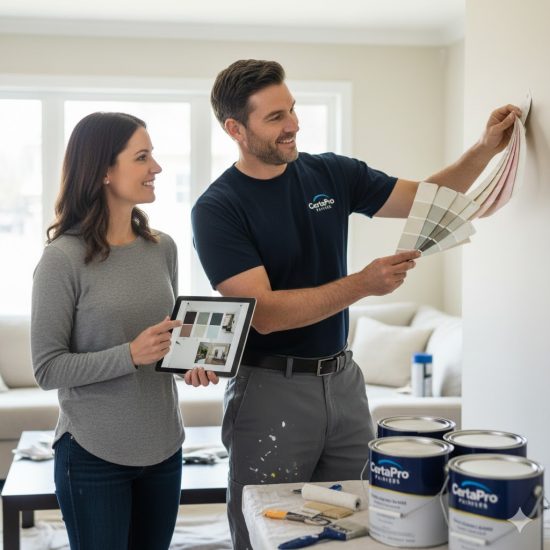 Painter consulting homeowner on paint type