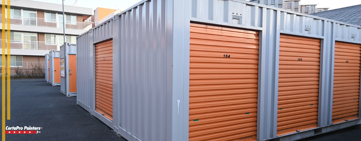 storage unit with orange painted doors