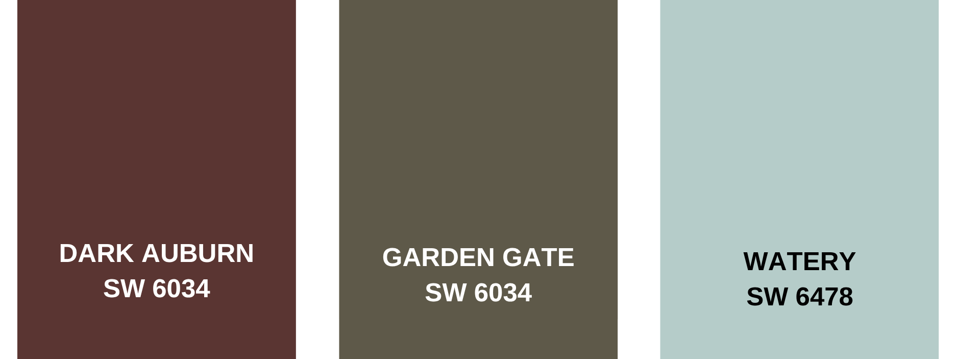 dark auburn, garden gate, and watery color swatches
